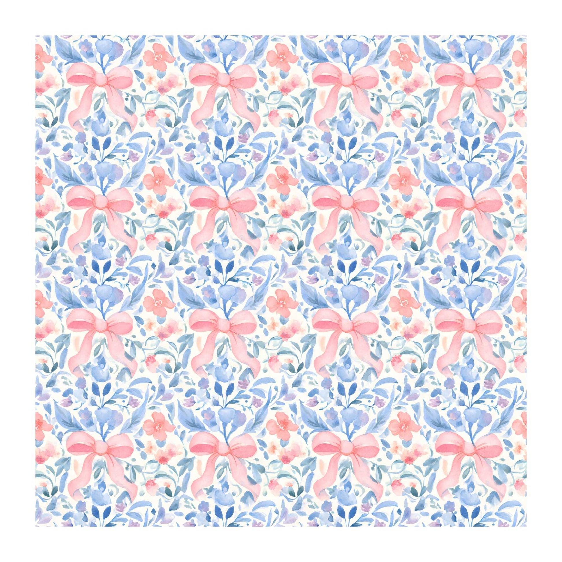 Pattern of pink bows and flowers on a white background