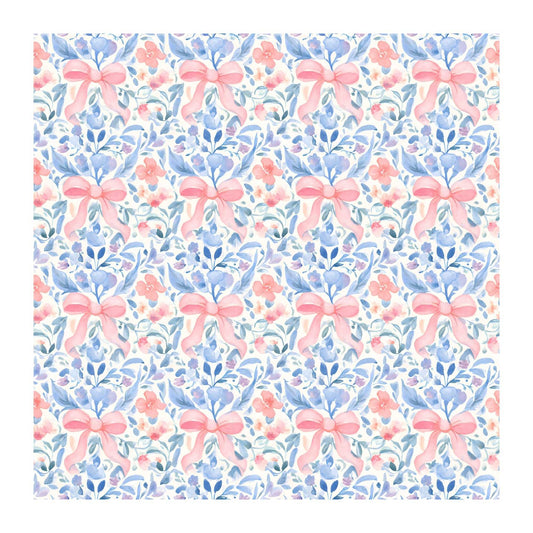 Pattern of pink bows and flowers on a white background
