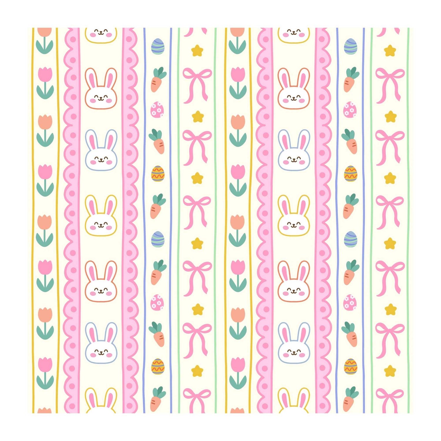 Pastel pattern with bunnies, bows, and carrots on a white background