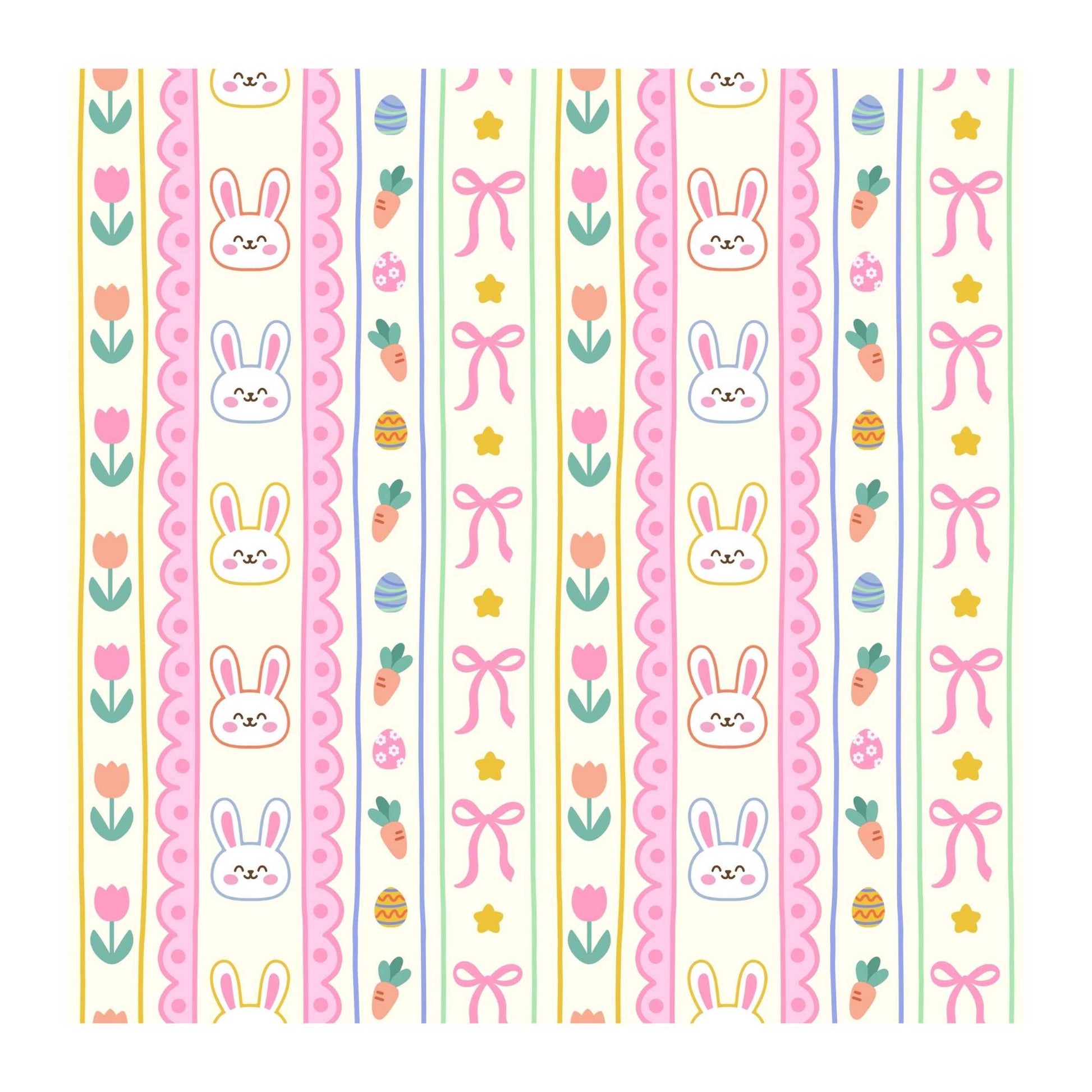 Pastel pattern with bunnies, bows, and carrots on a white background