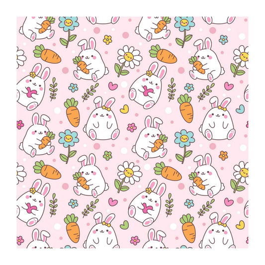 Pattern of cartoon bunnies, carrots, and flowers on a pink background