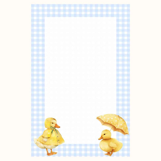 A '8.5x5.5' notepad featuring a pale Olive Green and white gingham border, with two yellow ducklings at the bottom. One duckling wears a yellow raincoat and bow tie, and the other holds a yellow polka-dot umbrella.