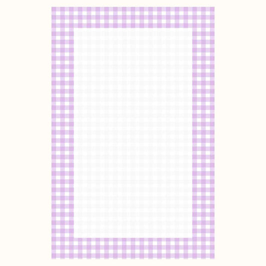 A rectangular '8.5x5.5' notepad with a light purple gingham border, centered on a pale cream background.