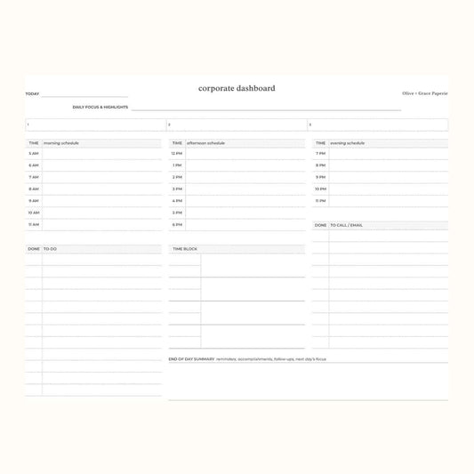 A letter size minimalist corporate dashboard planner notepad with clean white lines and black text on a warm off-white background. The page includes sections for time logs, daily focus and highlights, time blocks, and a to-do list.