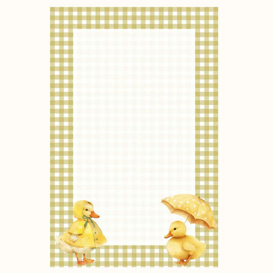 A '8.5x5.5' notepad featuring a pale Olive Green and white gingham border, with two yellow ducklings at the bottom. One duckling wears a yellow raincoat and bow tie, and the other holds a yellow polka-dot umbrella.